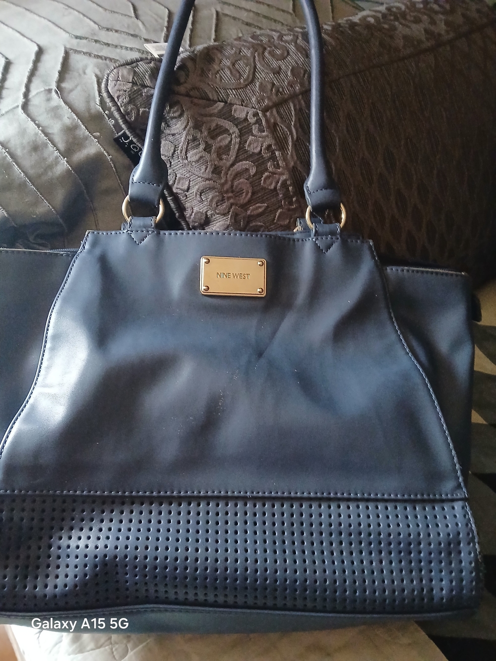 Nine West Navy Shoulder Tote with Gold Plaque